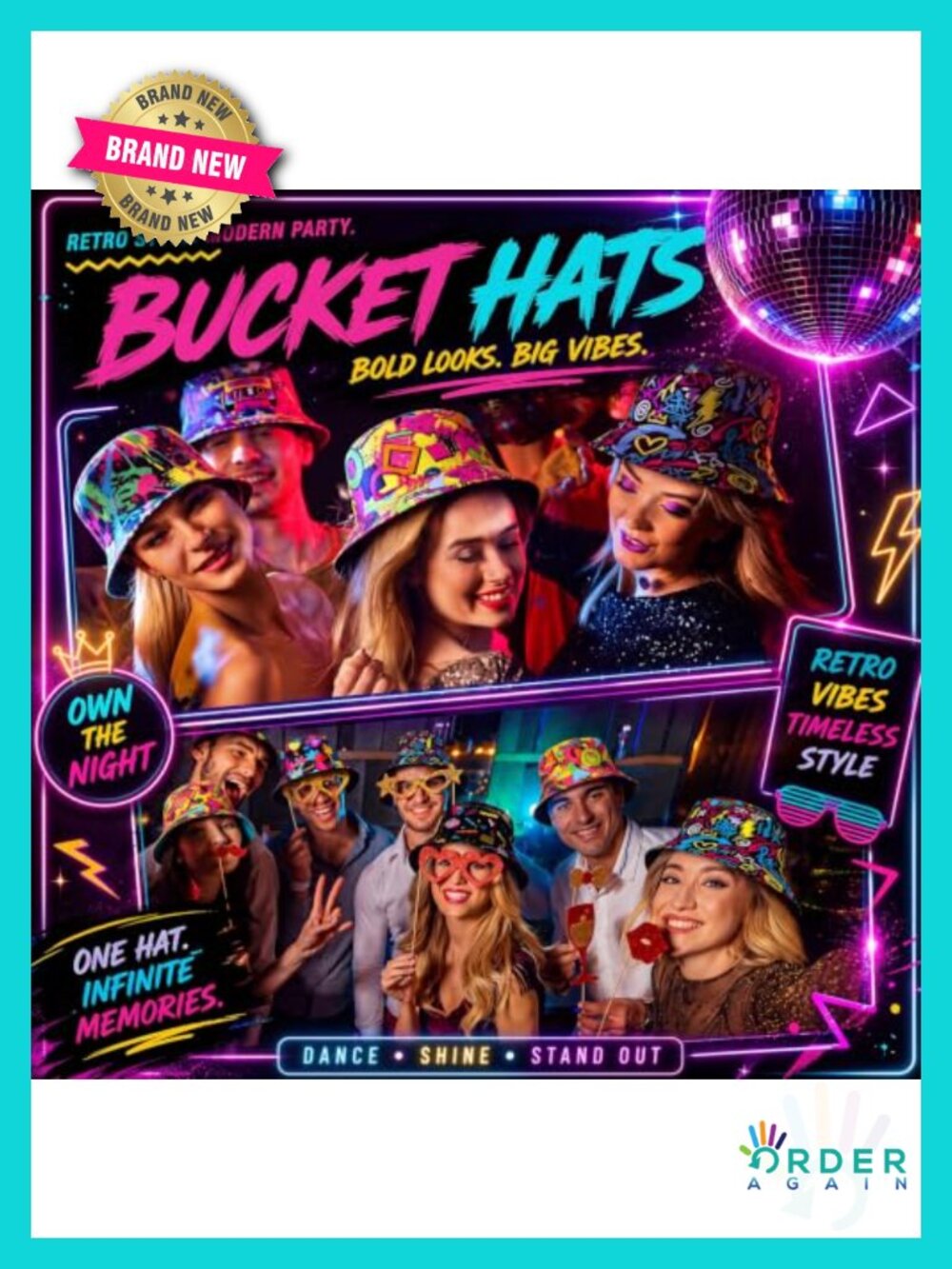 12 Pack Retro 90s Graffiti Bucket Hats Polyester Sun Caps Adult Unisex - Picture 6 of 6